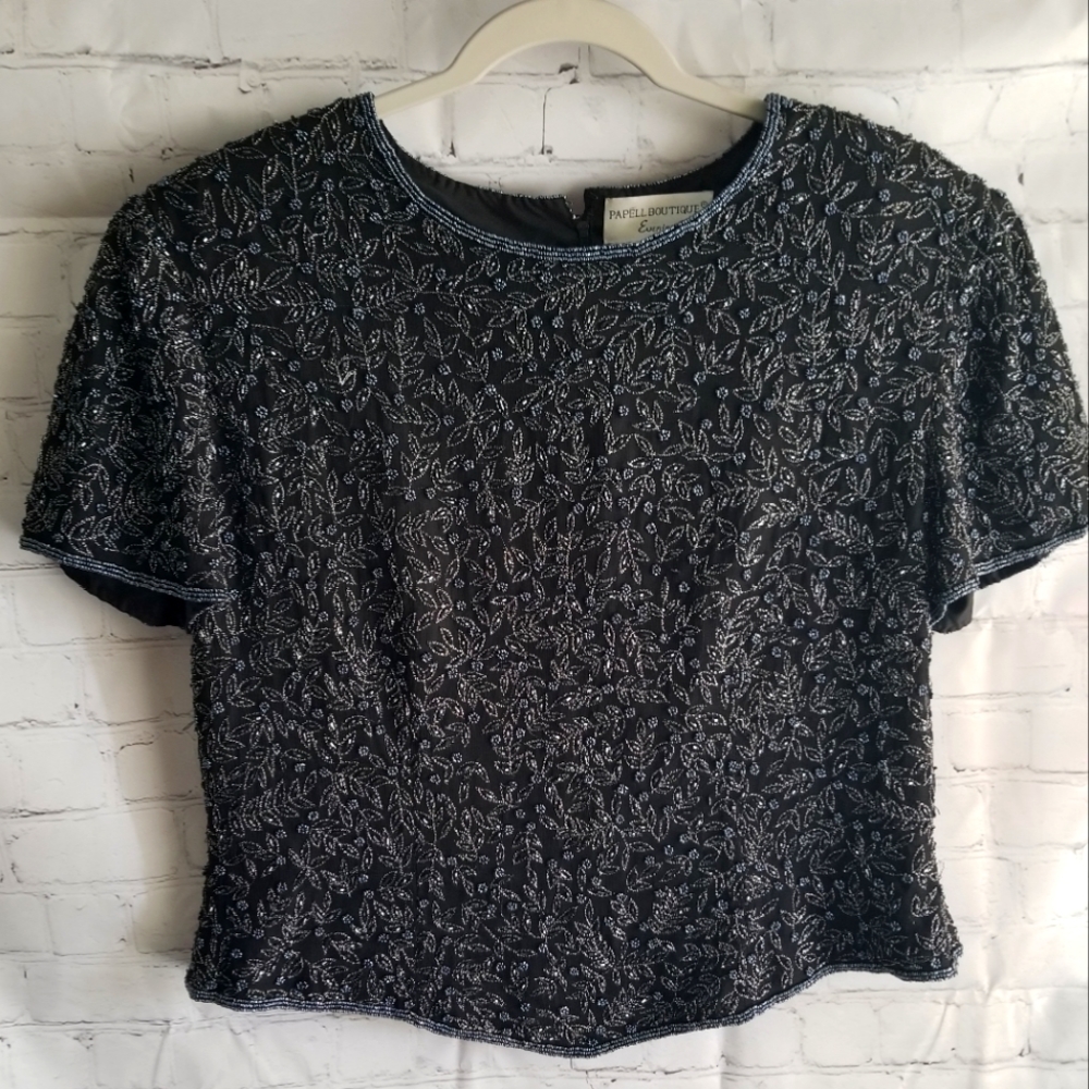 AMAZING PAPÉLL BOUTIQUE Evening- 100% silk Blue/Black beaded top size XL